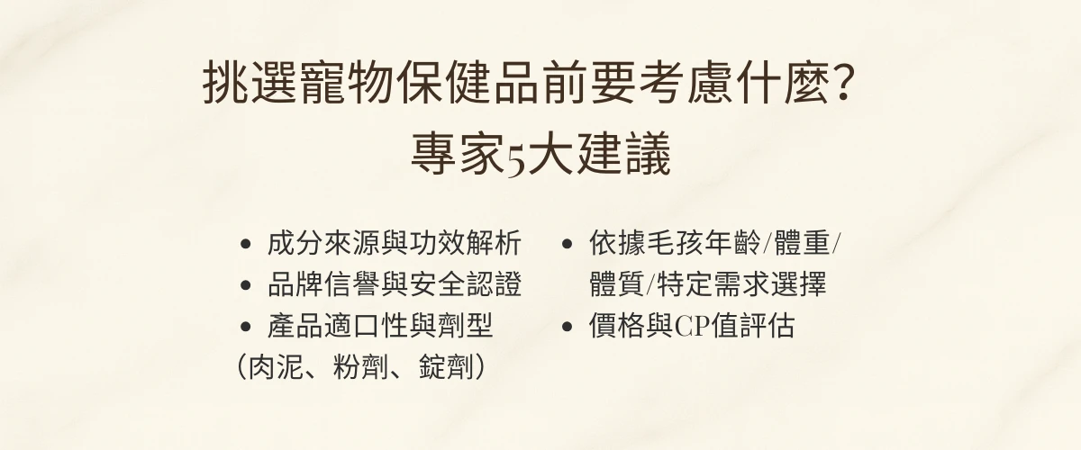 挑選寵物保健品前要考慮的專家5大建議，包含成分來源與功效解析、品牌信譽與安全認證、產品適口性與劑型（肉泥、粉劑、錠劑）、依據毛孩年齡/體重/體質/特定需求選擇，以及價格與CP值評估。