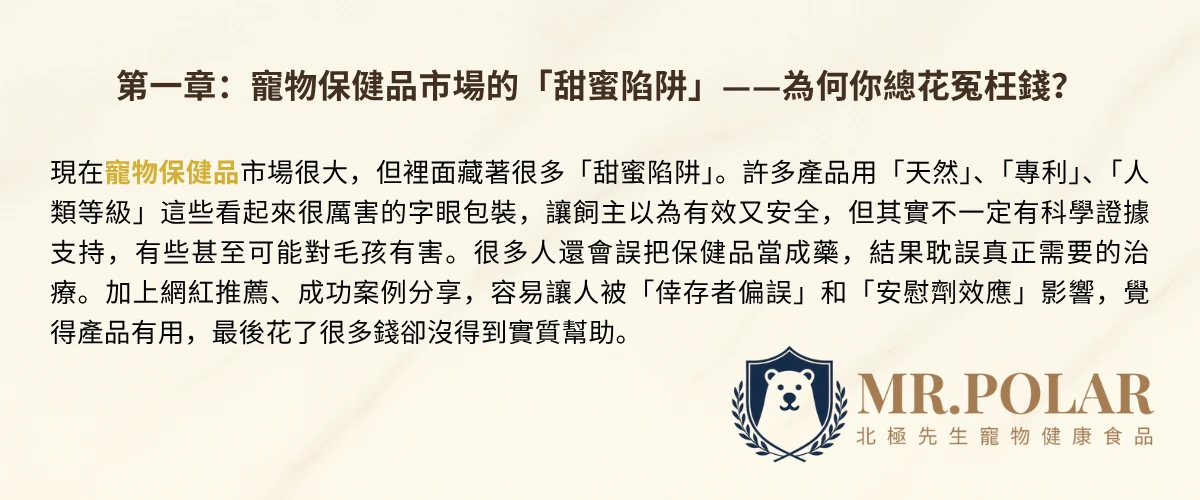 標題為「第一章：寵物保健品市場的「甜蜜陷阱」——為何你總花冤枉錢？」，下方有一段文字描述寵物保健品市場的亂象，包括使用「天然」、「專利」、「人類級」等詞彙包裝產品，以及網紅推薦、倖存者偏誤和安慰劑效應的影響。圖片右下角有「MR.POLAR 北極先生 寵物健康食品」的品牌標誌。