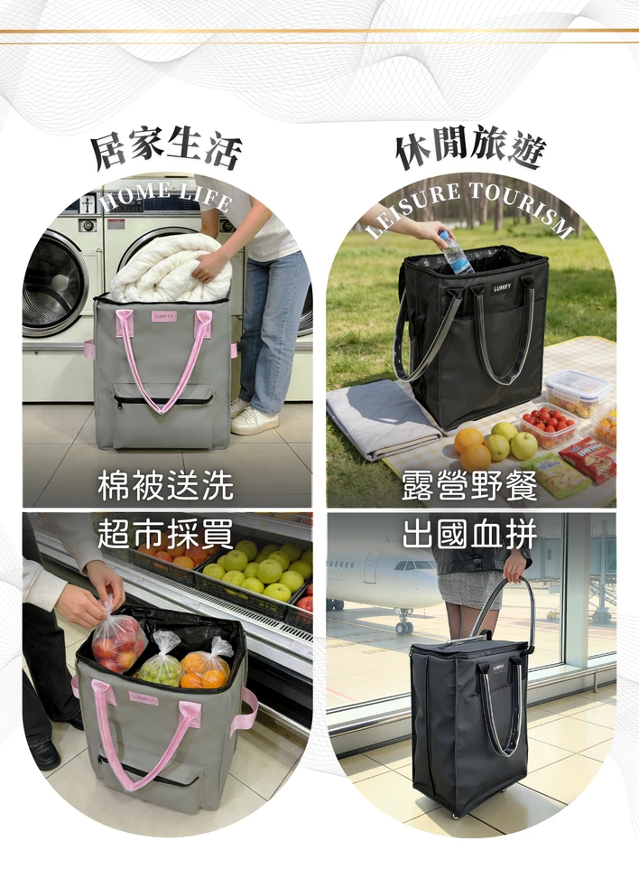 LUMIFLY 輕行袋:S 折疊登機箱｜輕裝出行首選，出國登機、日常逛街。 M 折疊購物袋｜大容量萬用款，超市採買、送貨搬運、搬家整理、送洗衣物。