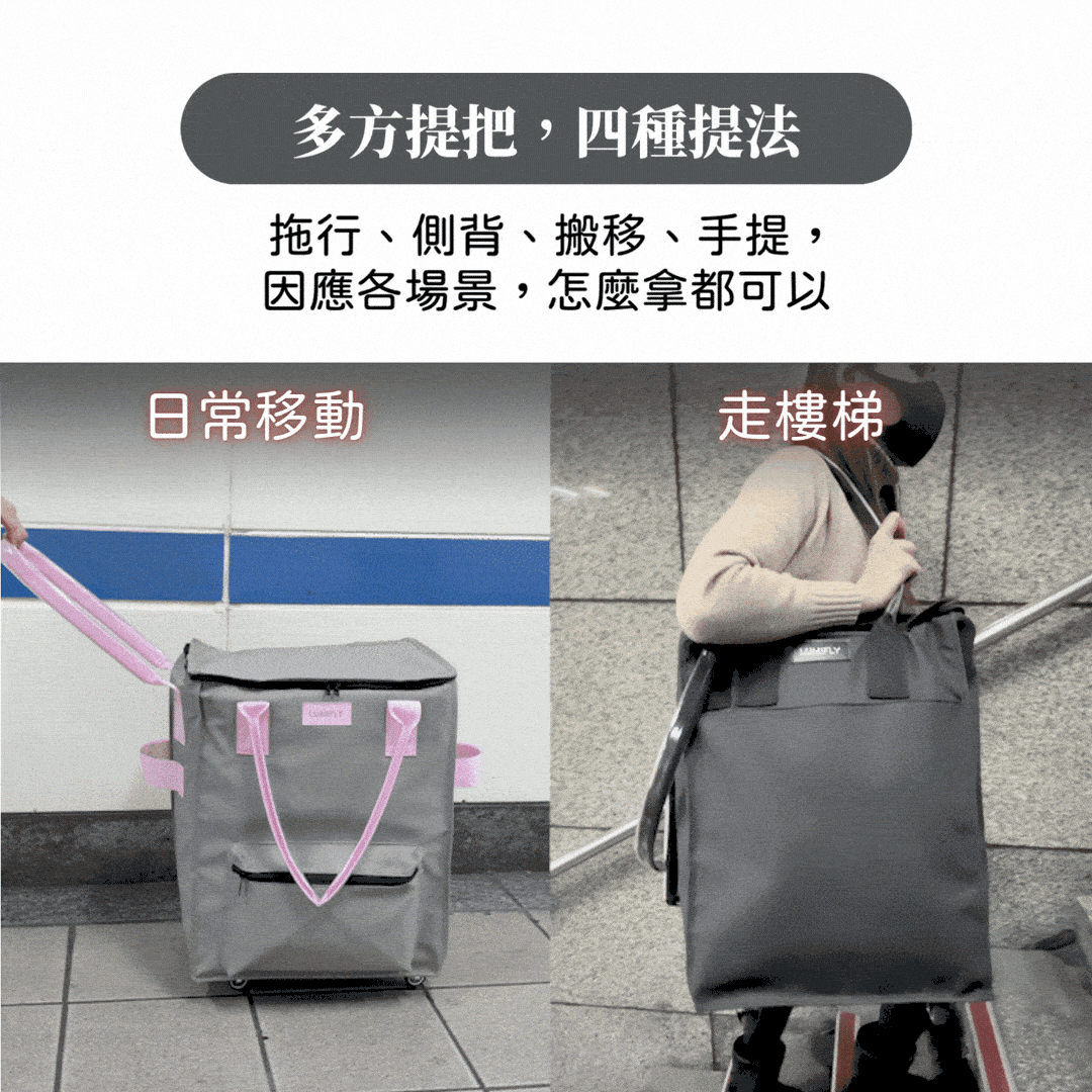 LUMIFLY 輕行袋為了應對多元使用情境，輕行袋提供四種提把方式，可拖行、側背、手提或搬運，依需求自由切換