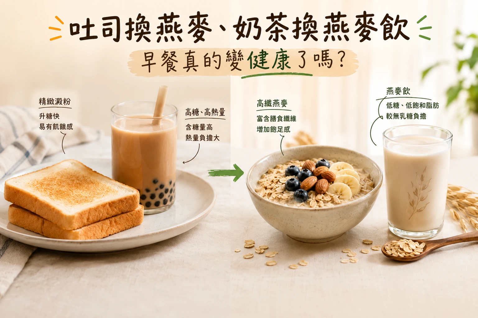 吐司換成燕麥、奶茶改喝燕麥飲，這樣對血糖、控醣有幫助嗎