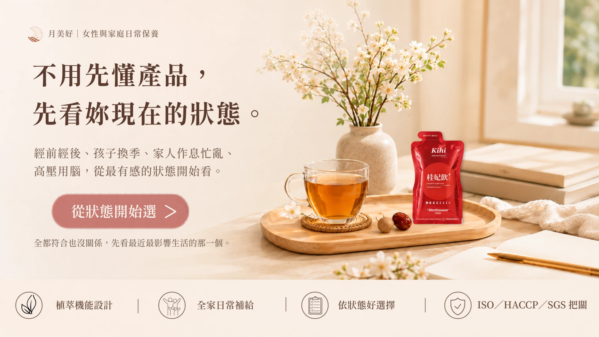 月美好女性與家庭日常保養首頁，從經前經後、孩子換季、家人作息忙亂與高壓用腦等狀態開始選擇適合的日常補給。