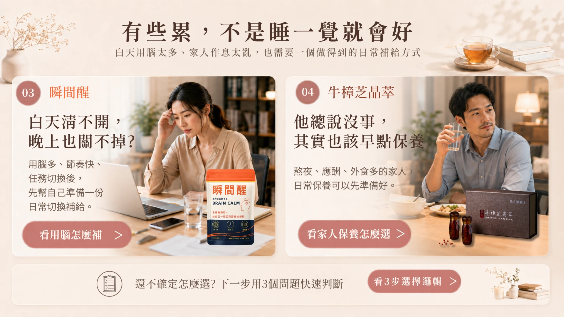 月美好首頁狀態入口，介紹瞬間醒作為高壓用腦與任務切換時的日常補給，以及牛樟芝晶萃作為熬夜、應酬、外食多的家人日常保養選擇。